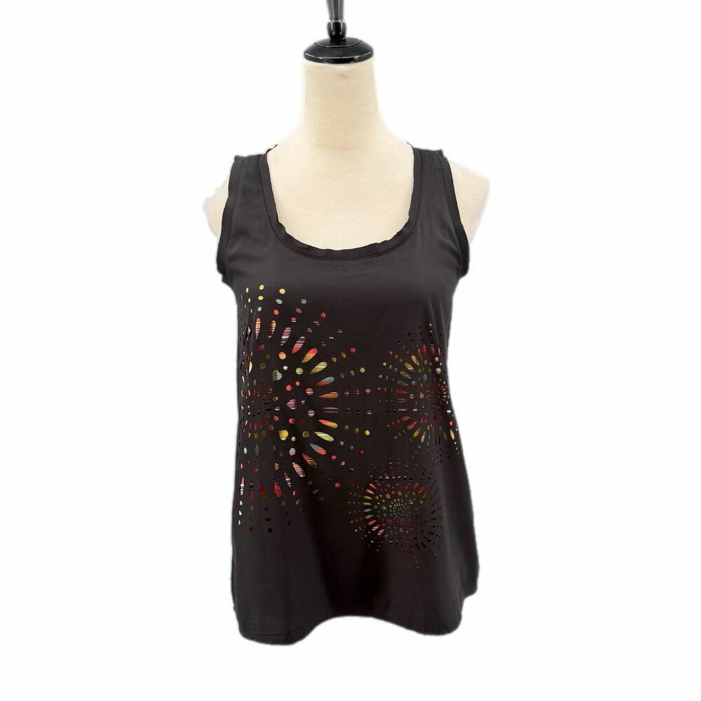 Desigual NEW Black Floral Firework Cutout Multicolor Stripe Sleeveless Tank Top